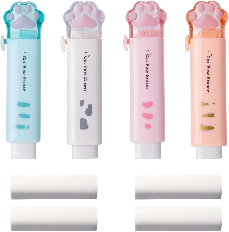 keepsweat Cat Paw Shaped Cute Erasers 4 Pcs Retractable Kawaii Eraser with 4 Pcs Papermate Eraser Refills Push Pull Design Eraser for Kids Girls Cat Rubber Aesthetic Erasers Student Home School Supplies - Image 1